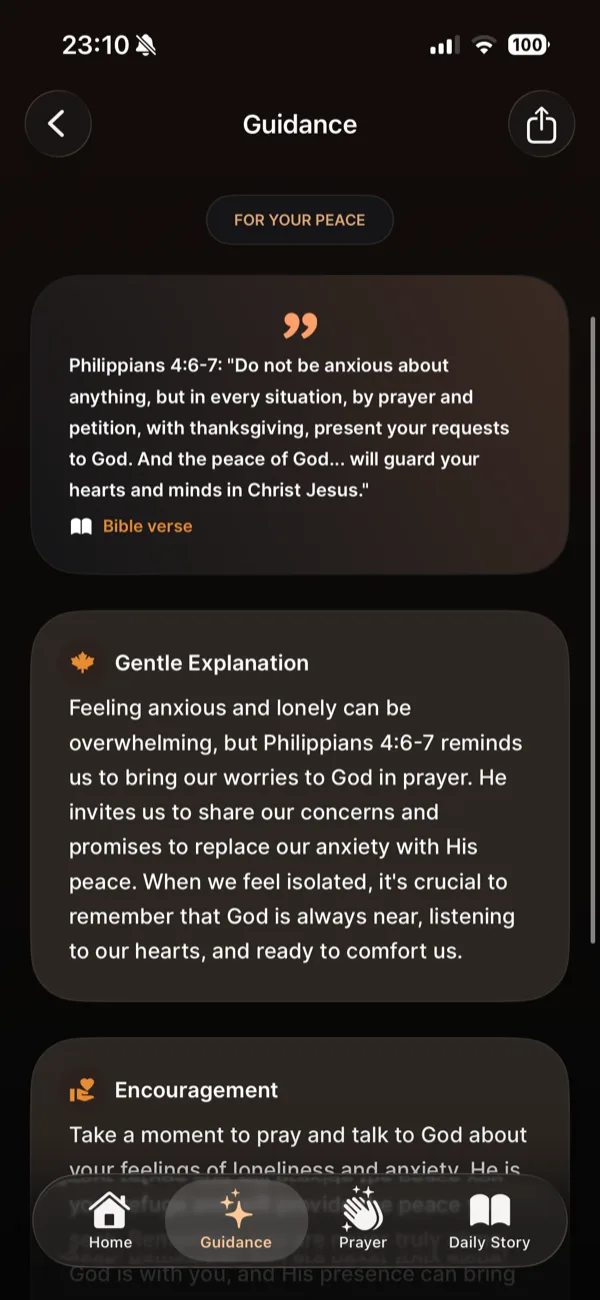Haven guidance screen showing Bible-based response