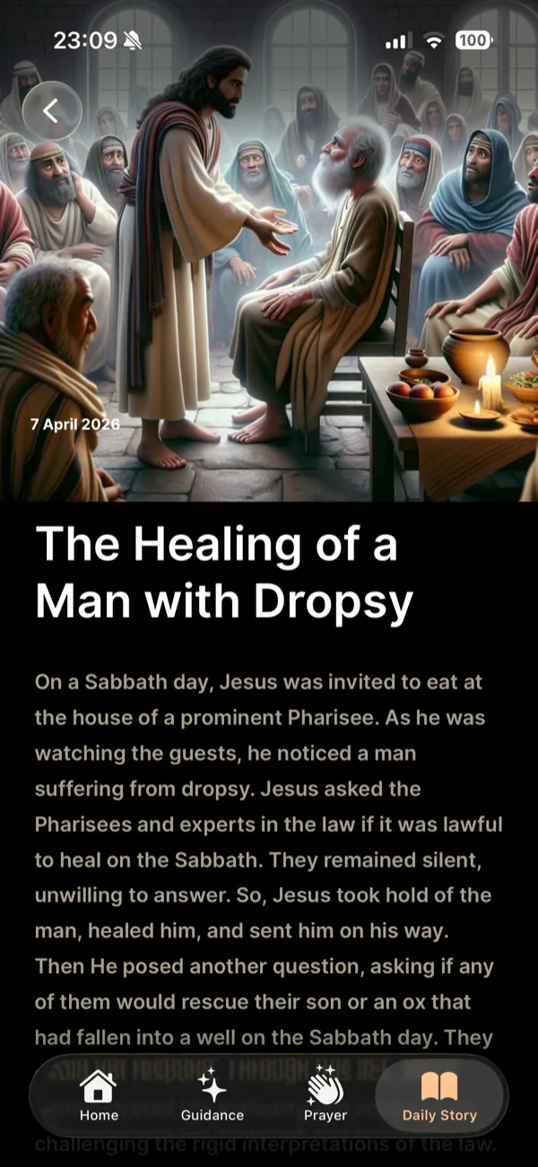 Haven daily story screen showing Bible story with image